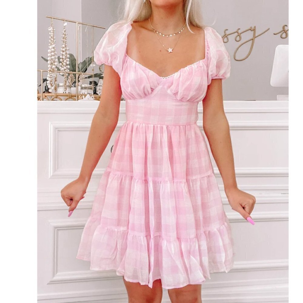 Pink Plaid Puff Sleeve Mini Dress - Women's